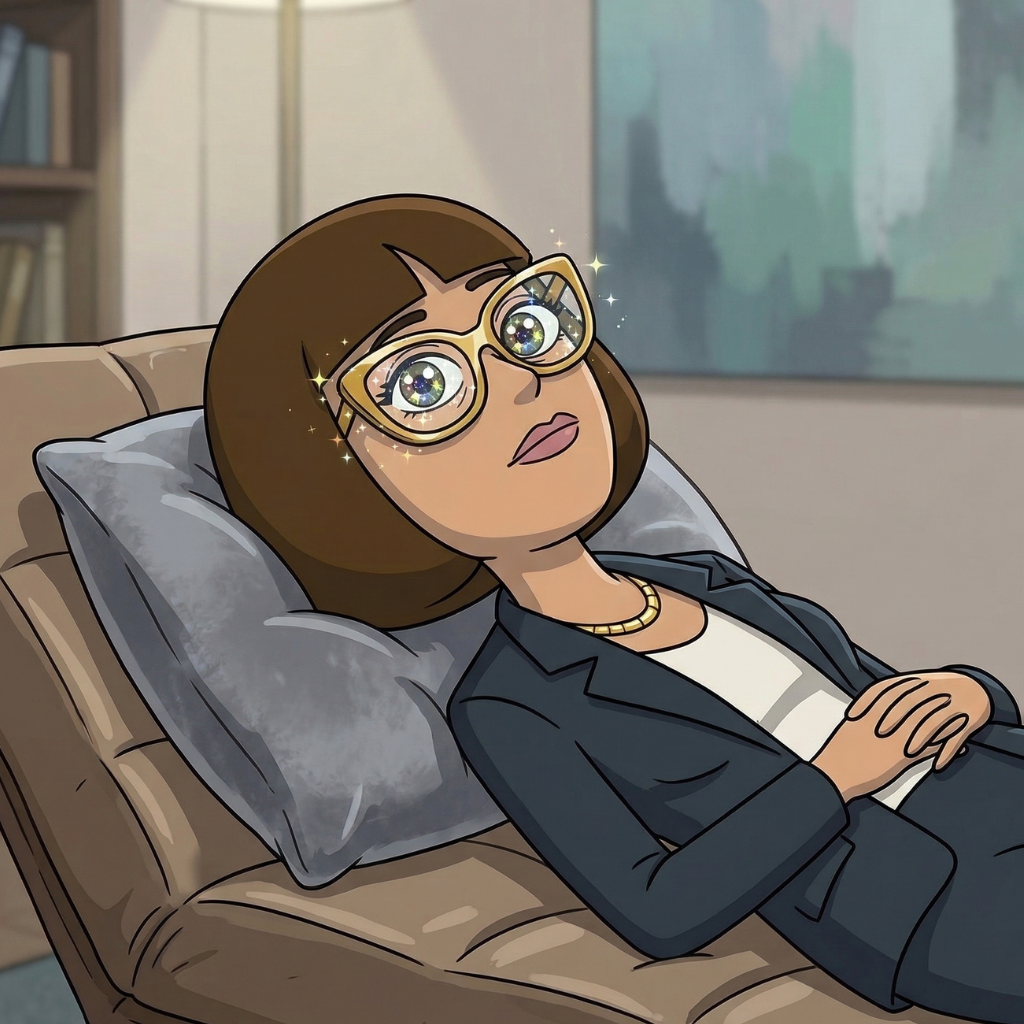 Sally at her desk, gold nameplate reading BRAINSTORM