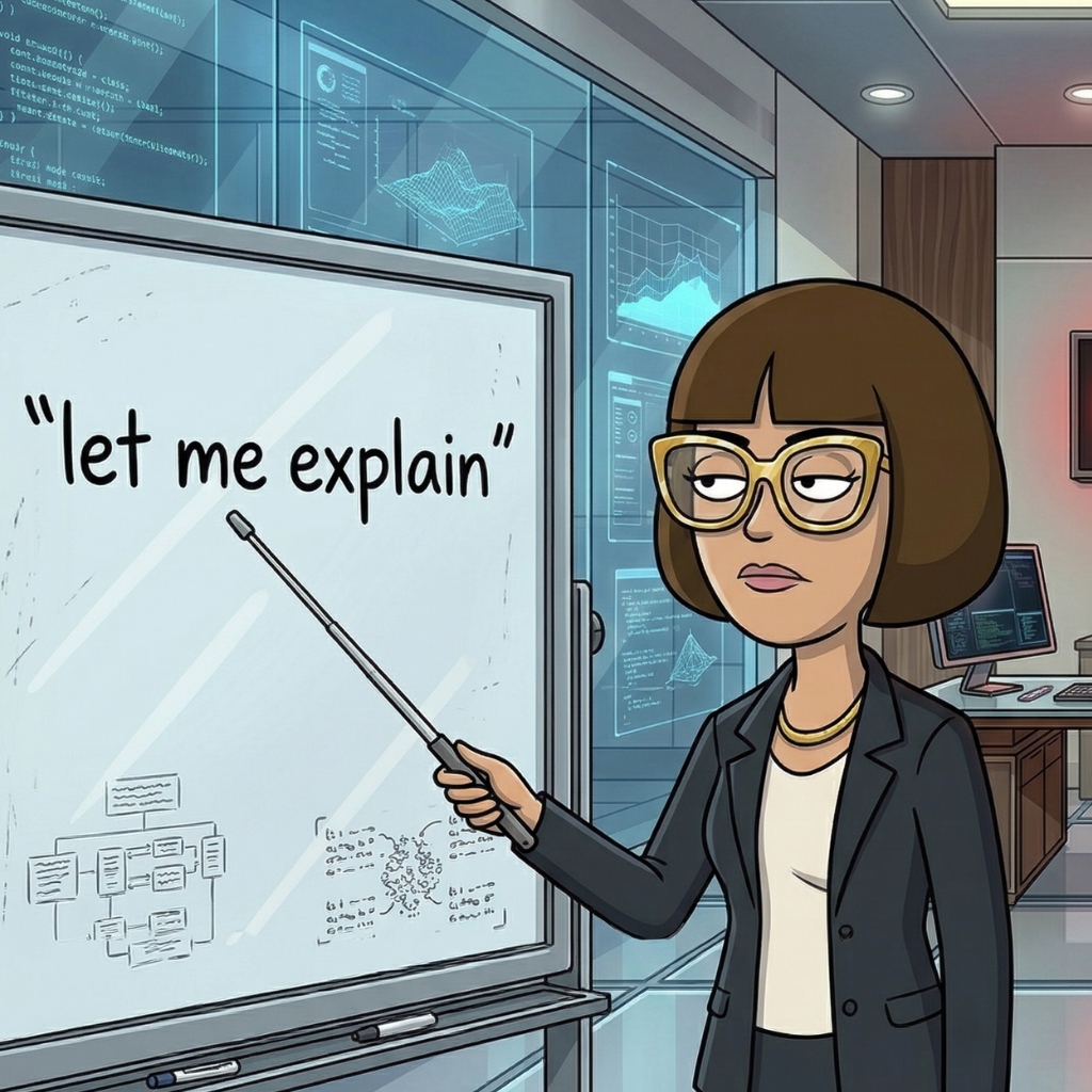 Sally at her desk, gold nameplate reading EXPLAIN