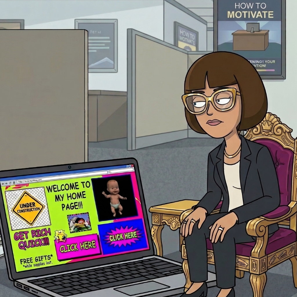 Sally at her desk, gold nameplate reading FRONTEND