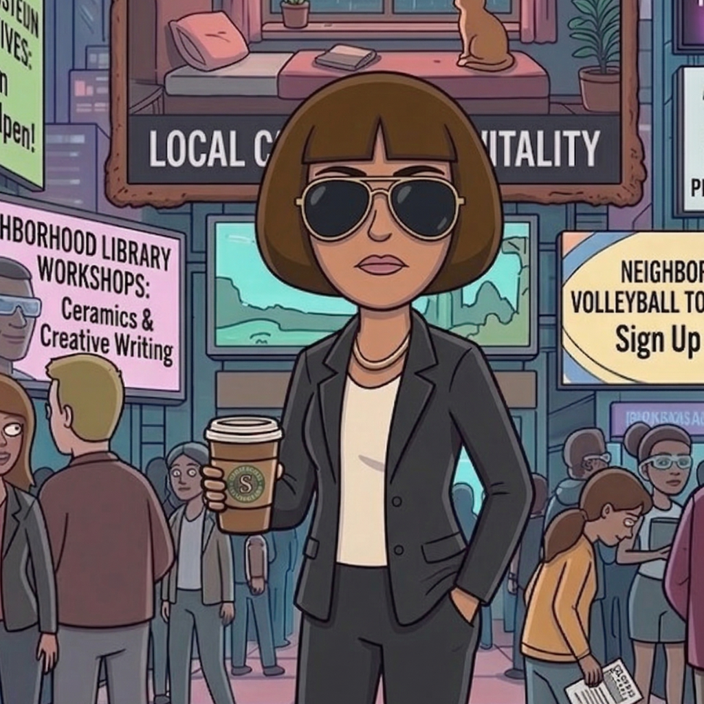 Sally at her desk, gold nameplate reading MARKETING