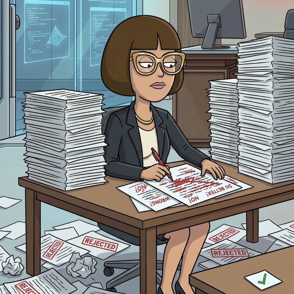 Sally at her desk, gold nameplate reading PR REVIEW