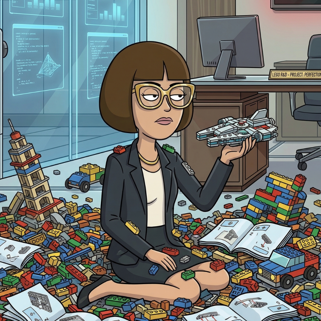 Sally at her desk, gold nameplate reading REFACTOR